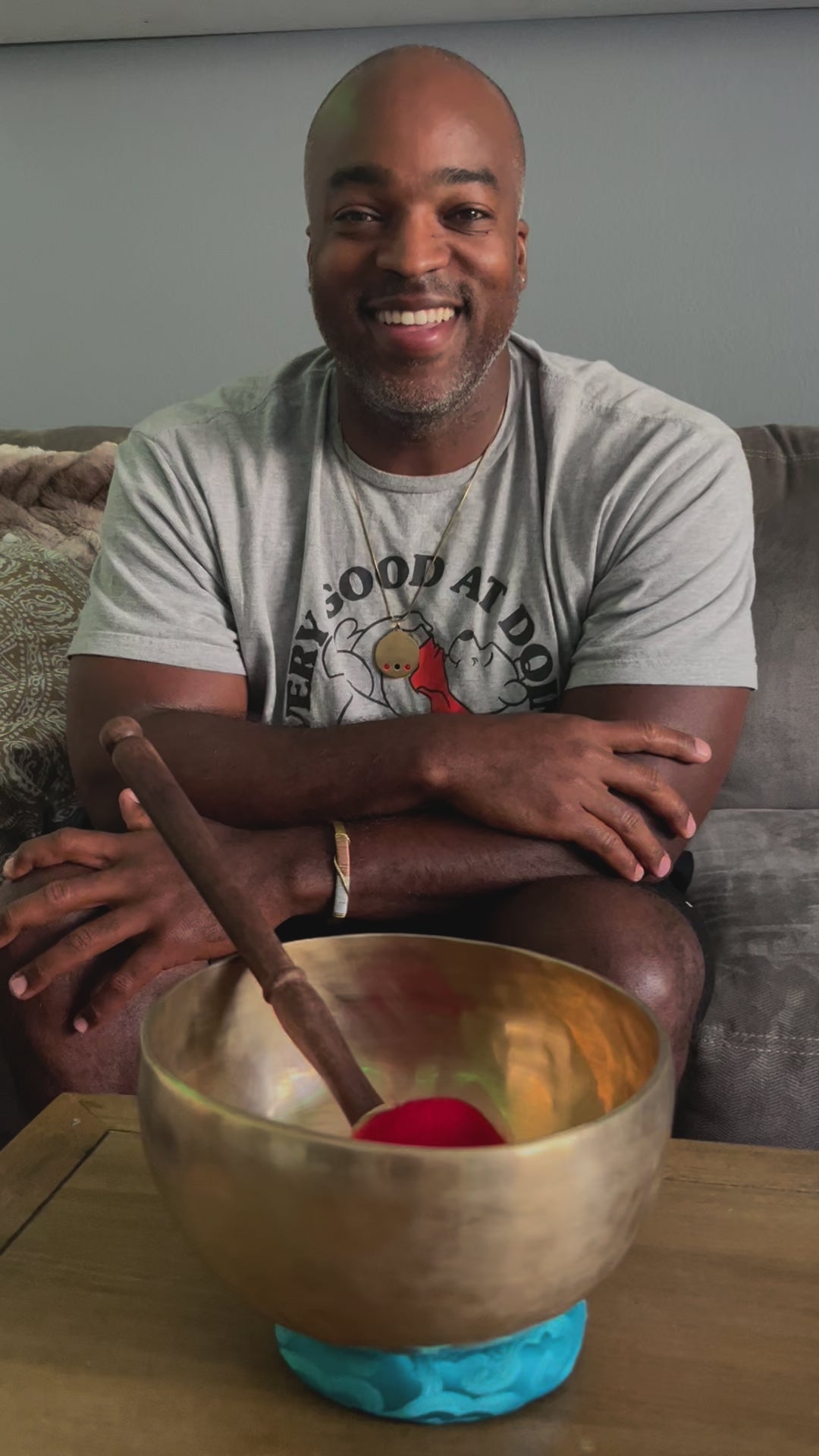 Load video: How this man uses his set of seven tibetan singing bowls for healing every morning.